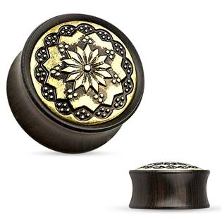 Šperky4U Dřevěný plug do ucha Ebony Wood s ornamenty - PL01174-06