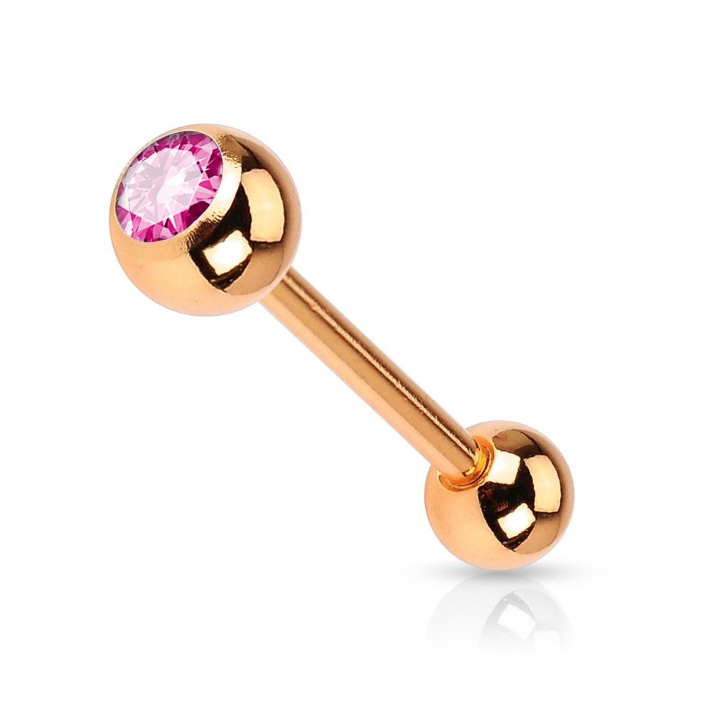 Šperky4U Pozlacený piercing do jazyku - růžový kamínek - PJ0002-P