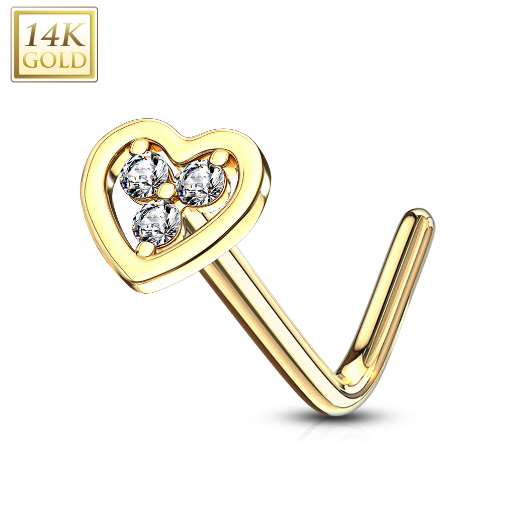 Šperky4U Zlatý piercing do nosu srdíčko - čiré zirkony, Au 585/1000 - ZL01194C-YG