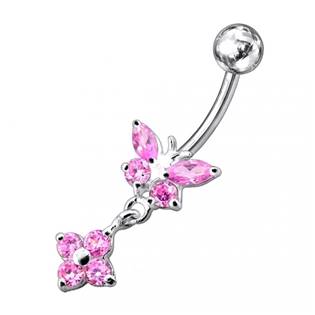 Šperky4U Stříbrný piercing do pupíku - motýlek s kytičkou - BP01287-P