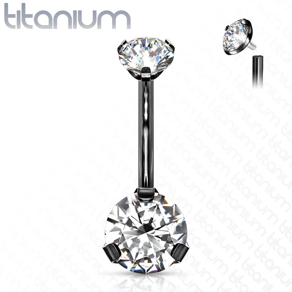 Čierny piercing do pupku vnútorný závit, zirkón - TITAN 1,6 x 12 mm