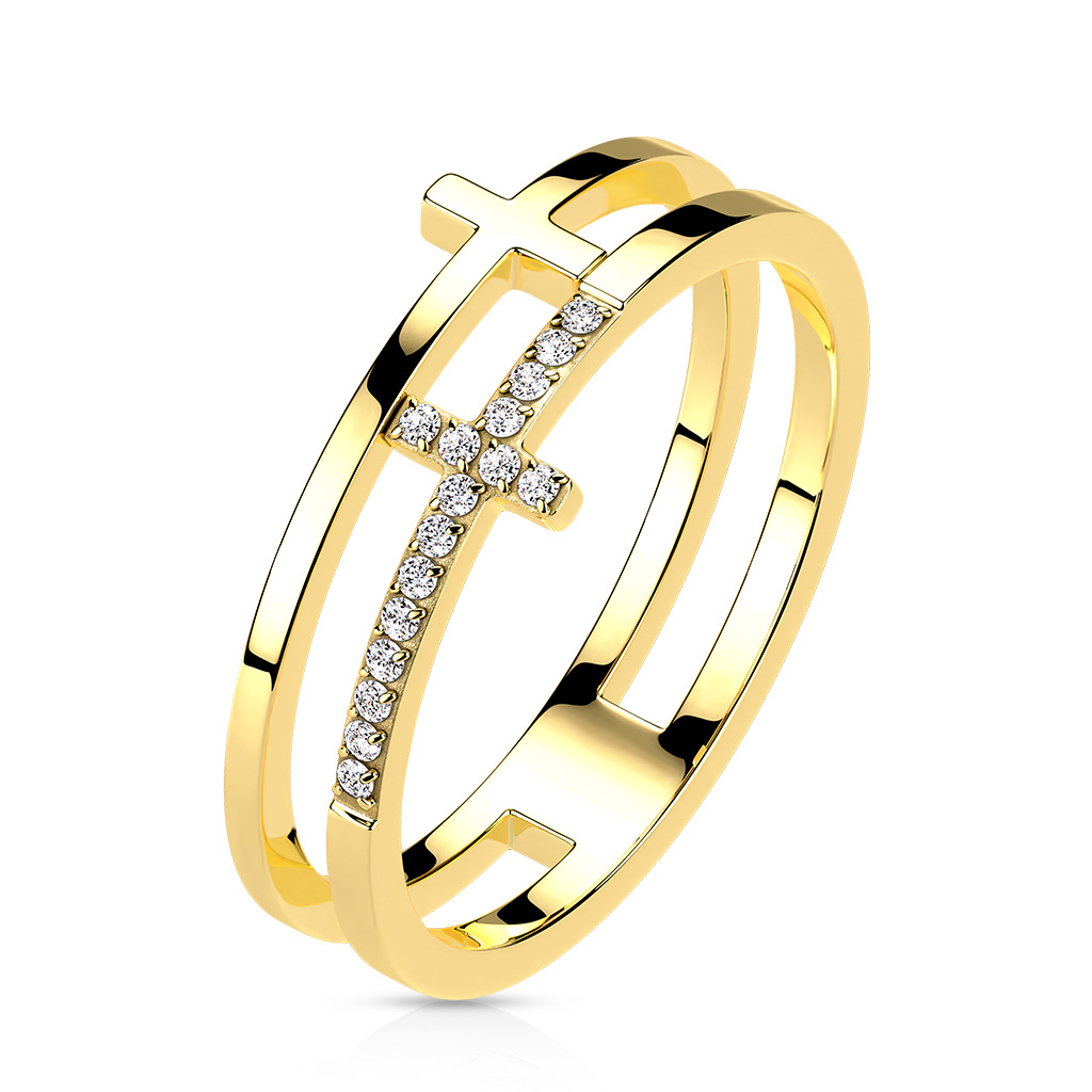 Šperky4U Dvojitý ocelový prsten s křížem - velikost 49 - OPR1871GD-49