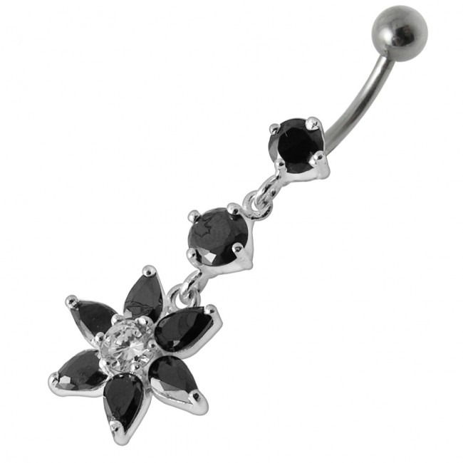 Šperky4U Stříbrný piercing do pupíku - kytička, černé zirkony - BP01144-K