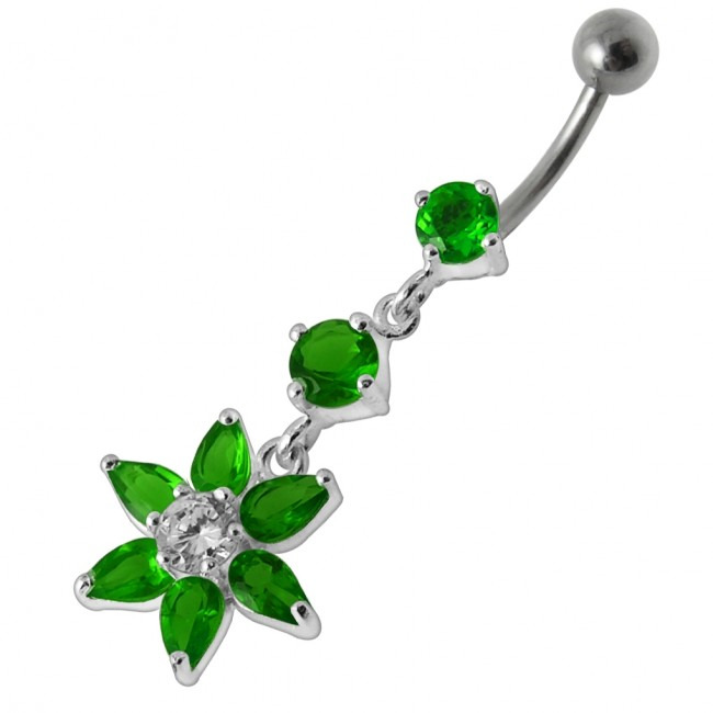 Šperky4U Stříbrný piercing do pupíku - kytička, tmavě zelené zirkony - BP01144-E