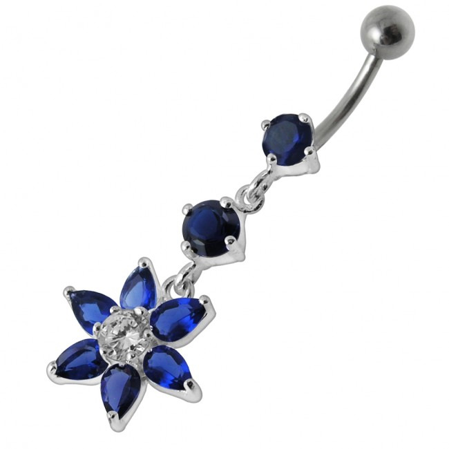 Šperky4U Stříbrný piercing do pupíku - kytička, tmavě modré zirkony - BP01144-B