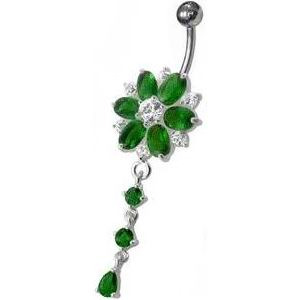 Šperky4U Stříbrný piercing do pupíku - kytička, tmavě zelené zirkony - BP01120-E
