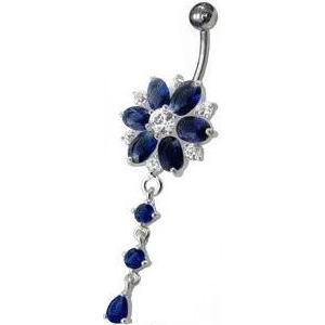 Šperky4U Stříbrný piercing do pupíku - kytička, tmavě modré zirkony - BP01120-B