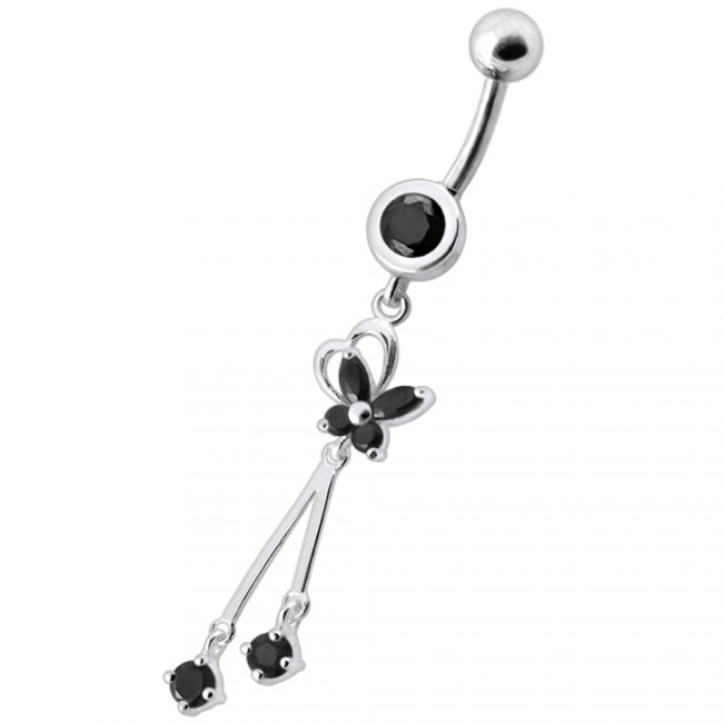 Šperky4U Piercing do pupíku s motýlkem, černé zirkony - BP01204-K