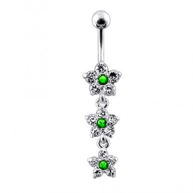 Šperky4U Stříbrný piercing do pupíku, čirá/tmavě zelená barva - BP01123-CE