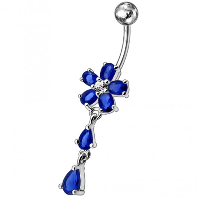 Šperky4U Stříbrný piercing do pupíku - kytička, tmavě modré zirkony - BP01011-B