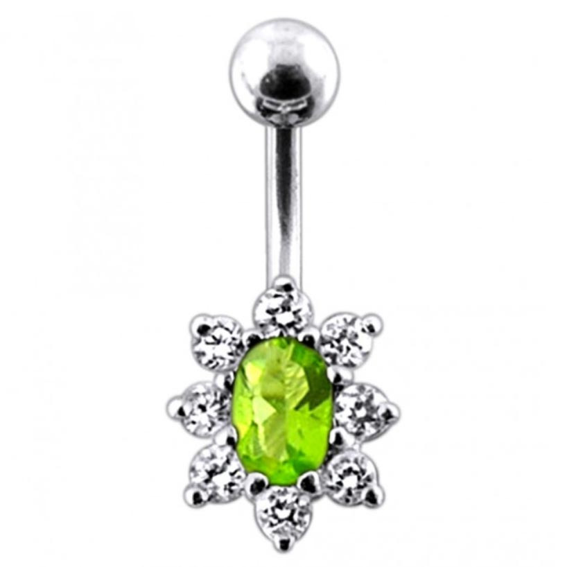 Šperky4U Stříbrný piercing do pupíku, barva zirkonů čirá/sv. zelená - BP01002-CG