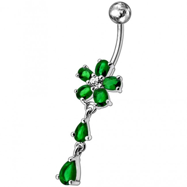 Šperky4U Stříbrný piercing do pupíku - kytička, tmavě zelené zirkony - BP01011-E