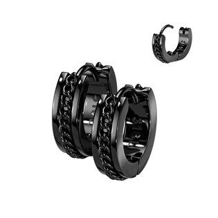Černé ocelové náušnice kroužky se řetízkem, 14mm