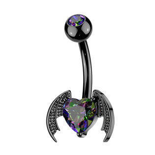 Černý piercing do pupíku okřídlené srdce