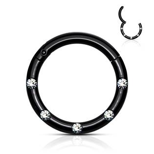 Černý piercing kruh segment, čiré kameny, 1,2 x 8 mm