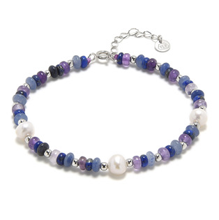 Minerální náramek přírodní Ametyst, Lapis lasuli, Aventurín a perla, stříbro AG925