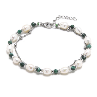 Minerální náramek přírodní Malachit a perly, stříbro AG925