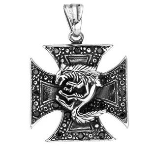 Ocelový přívěšek - maltézský kříž s vlkem