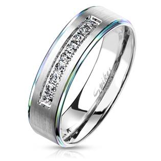 Ocelový prsten se zirkony, šíře 6 mm, vel. 52