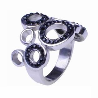 Ocelový prsten zdobený černými krystaly, vel. 55