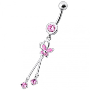 Piercing do pupíku s motýlkem, světle růžové zirkony