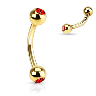 Pozlacený piercing do obočí - červené kamínky