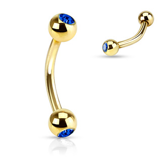 Pozlacený piercing do obočí - tmavě modré kamínky