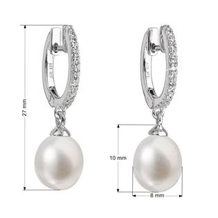 Stříbrné náušnice visací s bílou říční perlou 