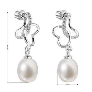 Stříbrné náušnice visací s bílou říční perlou 