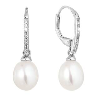 Stříbrné náušnice visací s bílou říční perlou