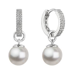 Stříbrné visací náušnice kroužky s bílou perlou