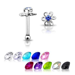 Stříbrný piercing do nosu - kytička, růžový zirkon