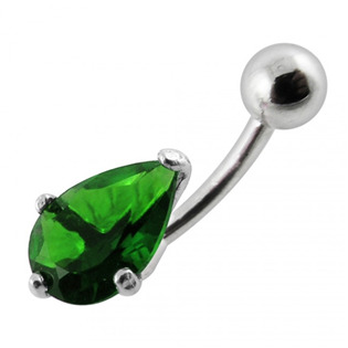 Stříbrný piercing do pupíku - kapka, tmavě zelený zirkon