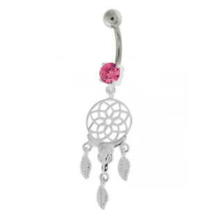 Stříbrný piercing do pupíku - lapač snů, světle růžový zirkon