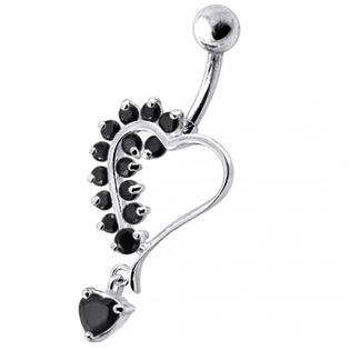 Stříbrný piercing do pupíku - srdíčko, černé zirkony