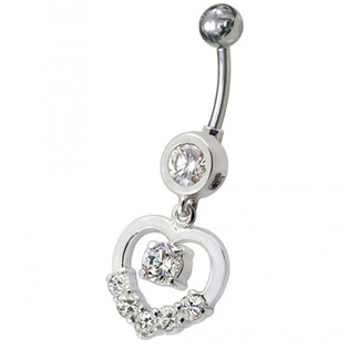 Stříbrný piercing do pupíku - srdíčko, čiré zirkony
