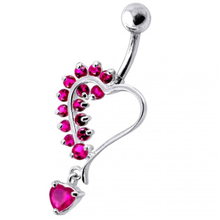 Stříbrný piercing do pupíku - srdíčko, tmavě růžové zirkony