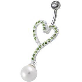Stříbrný piercing do pupíku perlička, sv. zelené zirkony