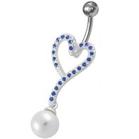 Stříbrný piercing do pupíku perlička, tm. modré zirkony