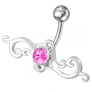 Stříbrný piercing do pupíku, růžový zirkon