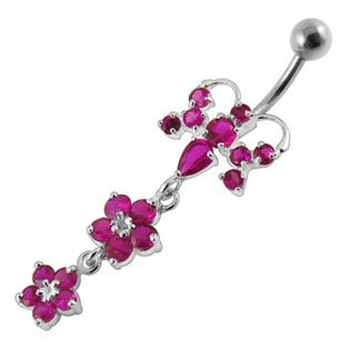 Stříbrný piercing do pupíku, tmavě růžové zirkony