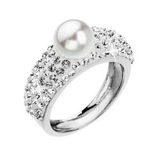 Stříbrný prsten se čirými kamínky Crystals from Swarovski® a bílou perlou
