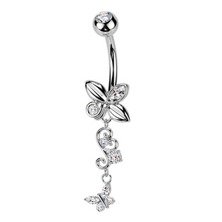 Visací piercing do pupíku s motýlky