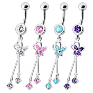Visací stříbrný piercing do pupíku s motýlkem