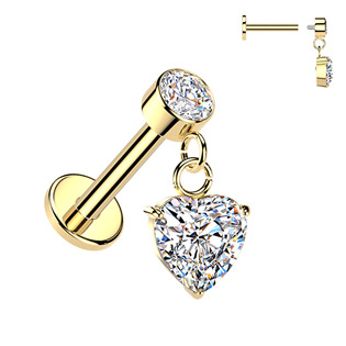 Zacený piercing do ucha - labreta se zavěšeným srdíčkem