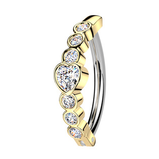 Zlacený piercing do pupíku se štítem se srdíčky