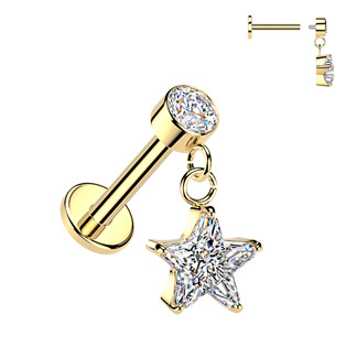 Zlacený piercing do ucha - labreta se zavěšenou hvězdičkou