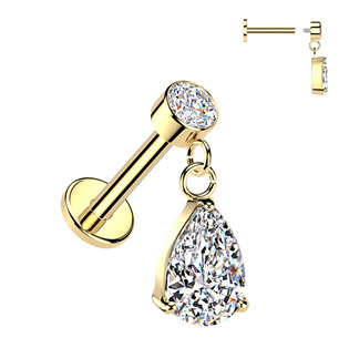 Zlacený piercing do ucha - labreta se zavěšeným kamínkem