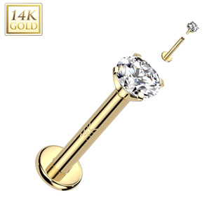 Zlatý piercing do brady - labreta zirkon 1,2 x 6 mm, Au 585/1000