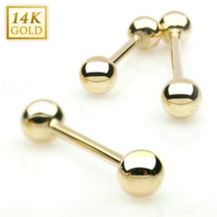 Zlatý piercing do jazyka 1,6 x 12 mm, kuličky 4 mm -  Au 585/1000